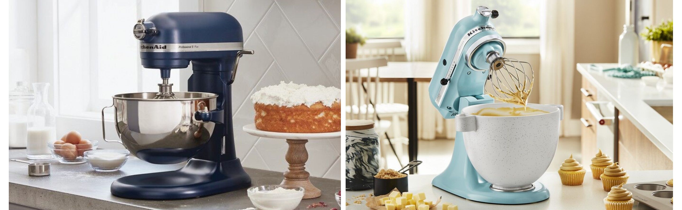 Blue bowl-lift stand mixer next to a blue tilt-head mixer