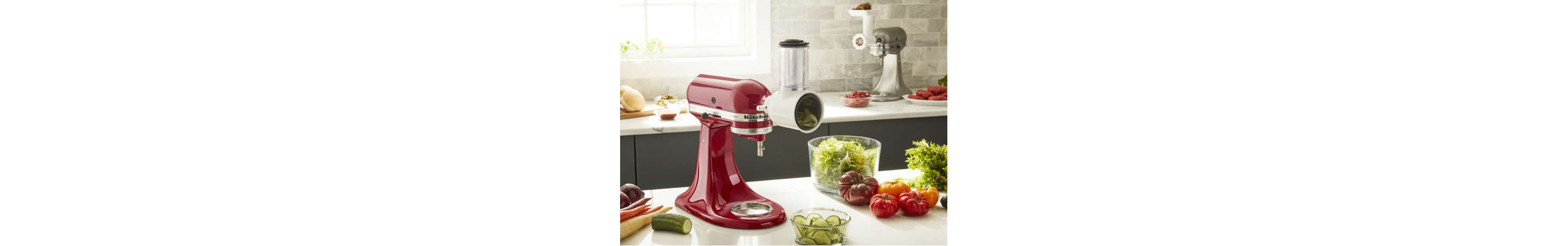 KitchenAid® stand mixer with fresh prep attachment and salad ingredients