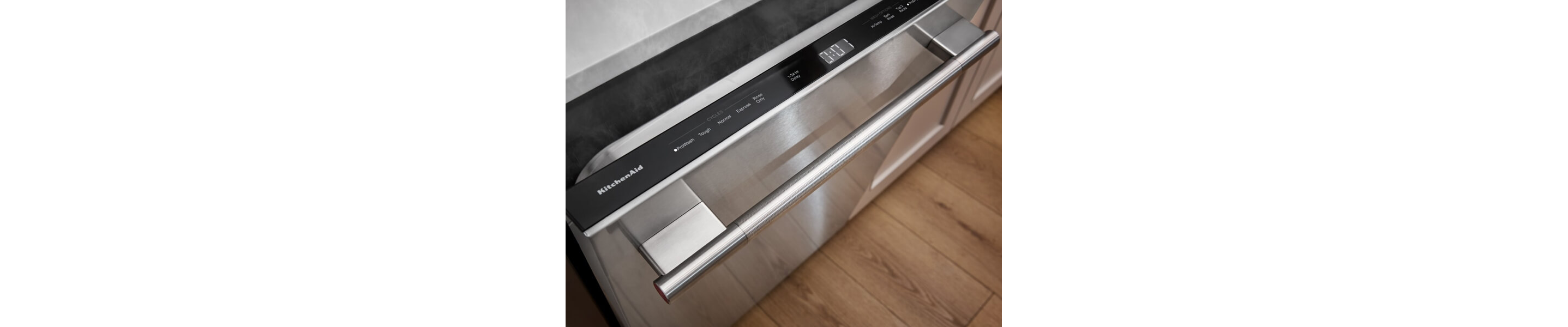 A dishwasher door slightly open