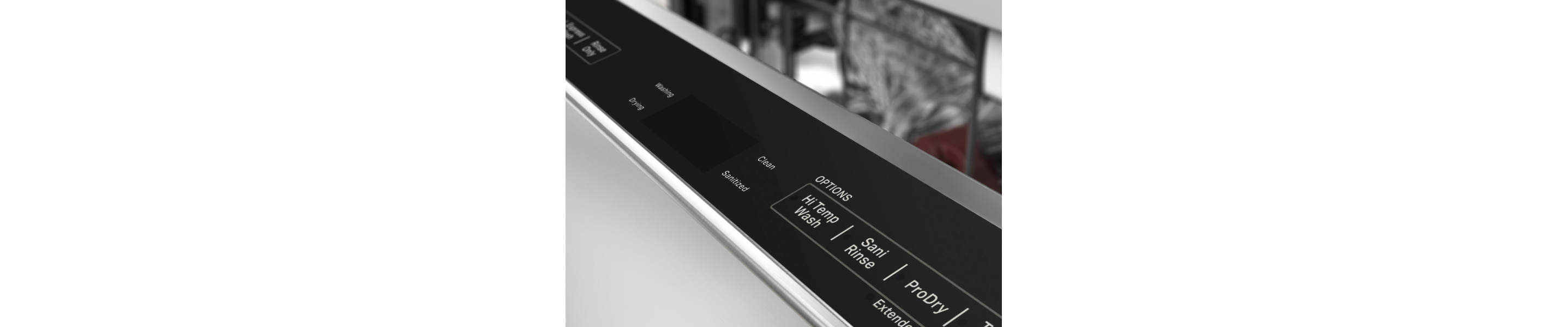 Zoomed in image of a control panel on a top control dishwasher