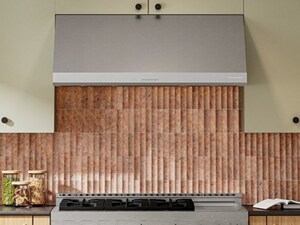 KitchenAid® Commercial-Style Wall-Mount Canopy Range Hood over a gas range in a modern kitchen