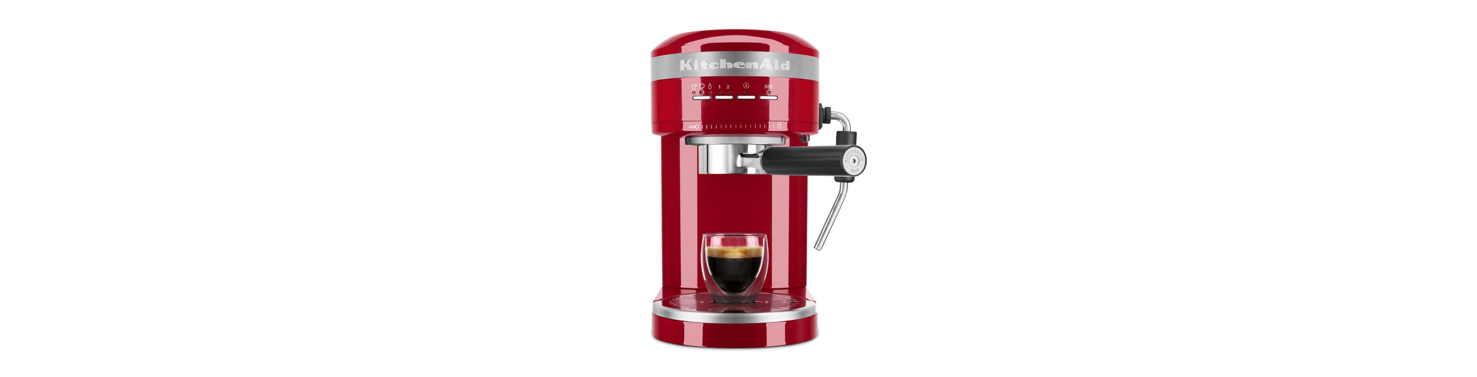 Red KitchenAid® Semi-Automatic Espresso Machine with a shot of espresso