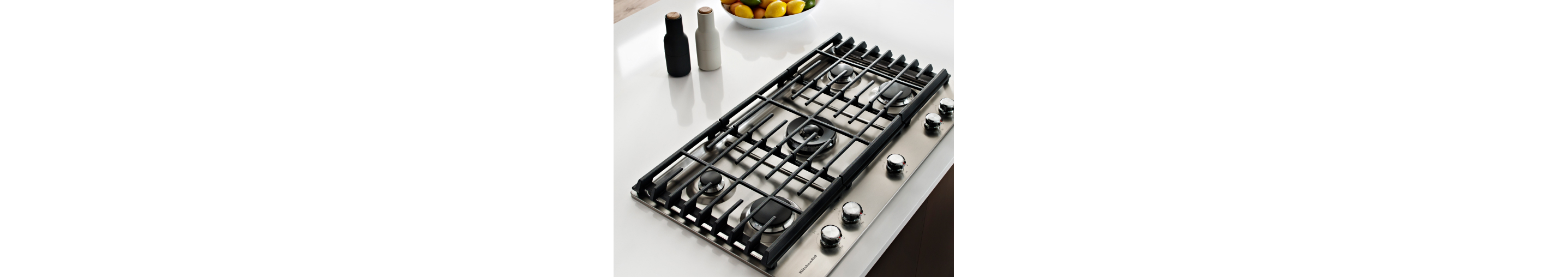 Gas cooktop on white countertop