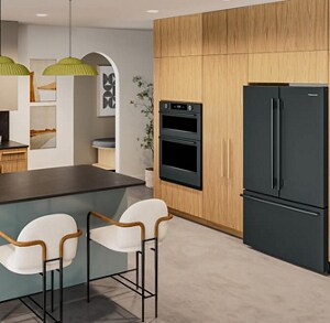 Black appliances in a modern kitchen