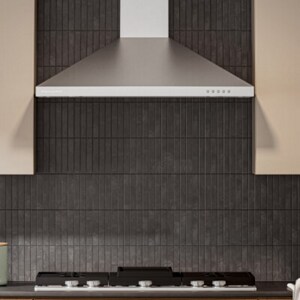 Range hood in a black and white kitchen