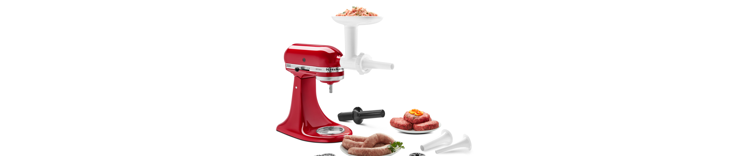 Red KitchenAid® stand mixer with Food Grinder Attachment and Sausage Stuffer Kit