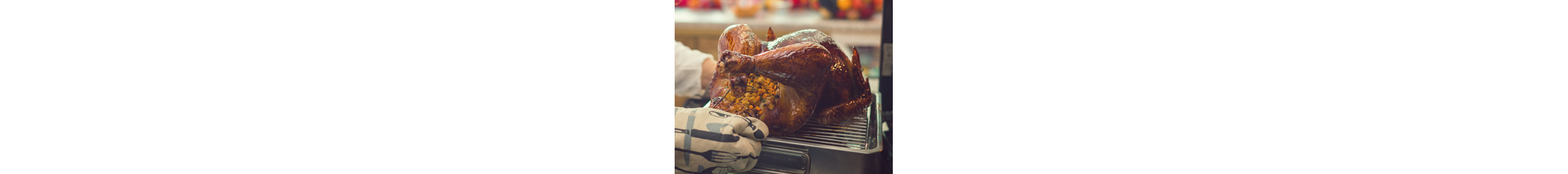 Oven mitt hands pulling a roasted turkey out of the oven
