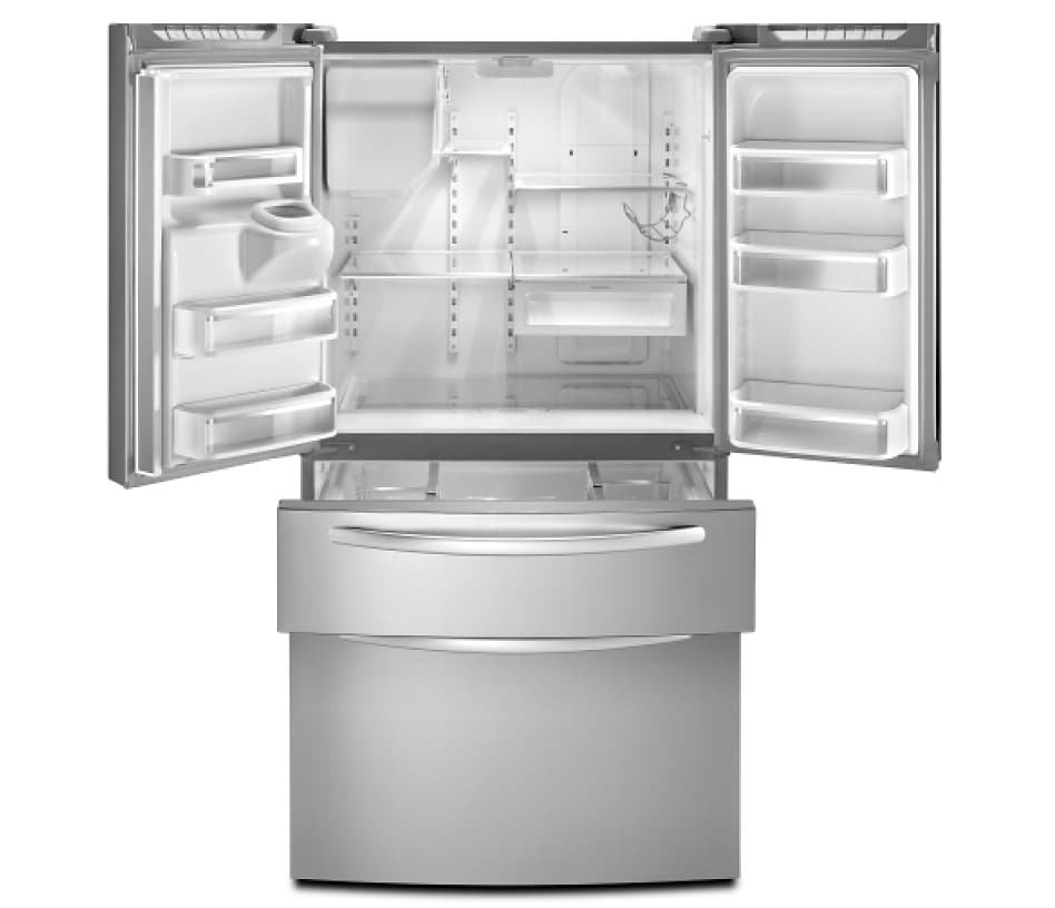 View of open KitchenAidÂŽ Multi-Door Refrigerator