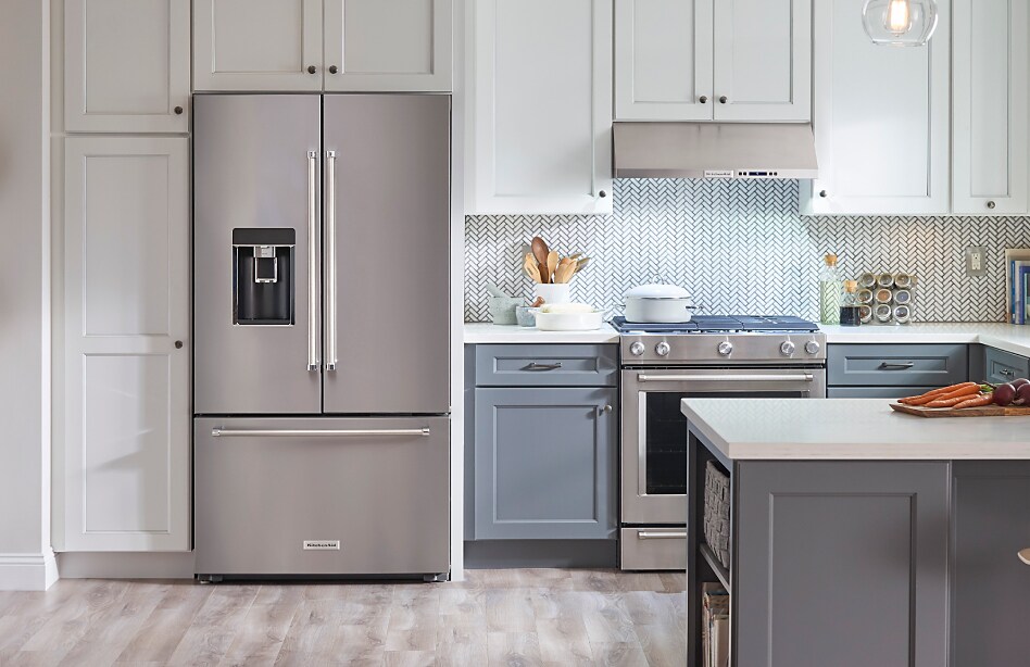 KitchenAidÂŽ French Door Refrigerator in a white kitchen