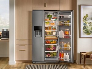 An open, side-by-side refrigerator