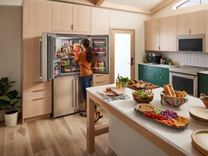 A woman putting food into her open refrigerator