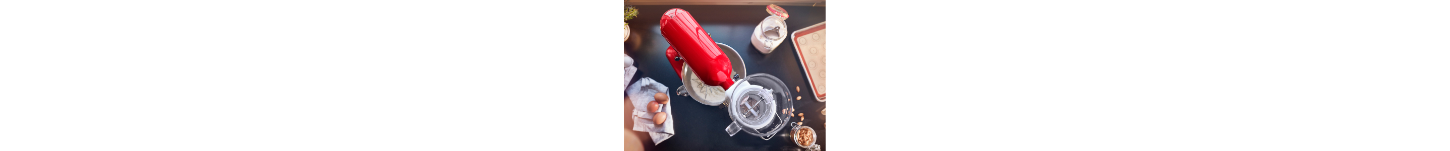 Bird’s eye view of red KitchenAid® stand mixer with the Sifter + Scale Attachment