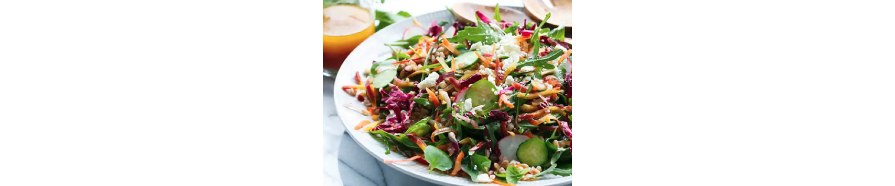 A closeup of a rainbow farro salad.