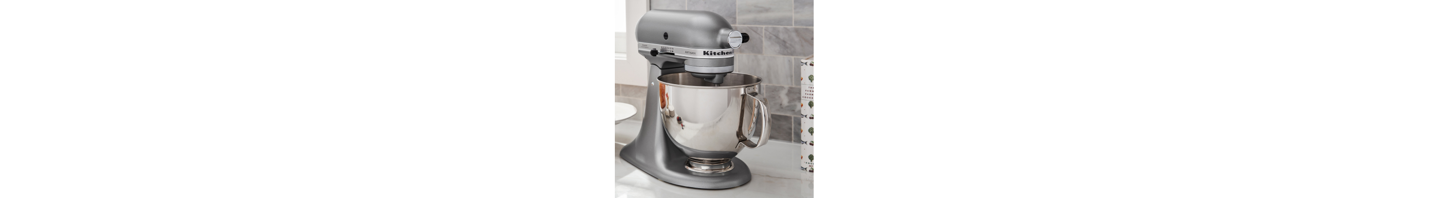 A silver KitchenAid® stand mixer.