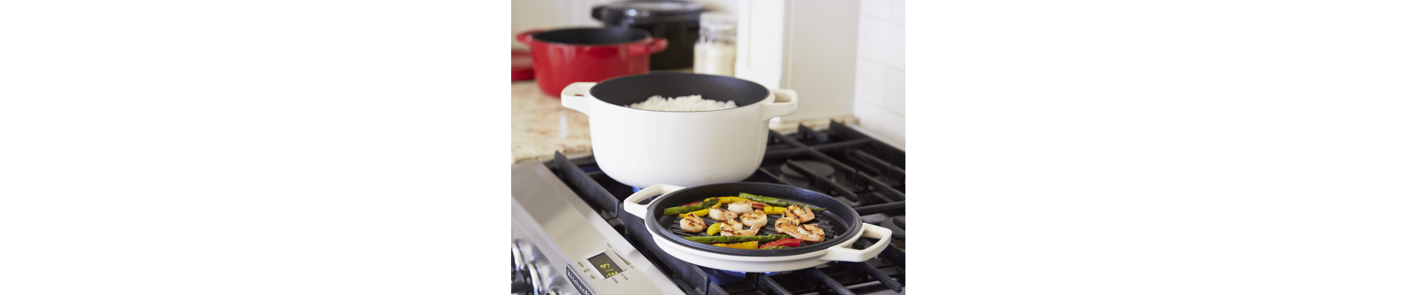 White dutch oven on a stove