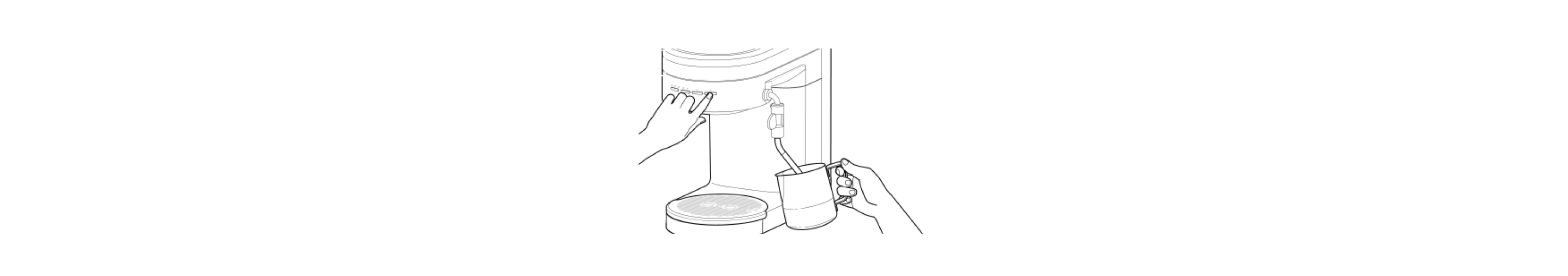 Hand pressing steam mode button while frothing and steaming milk in pitcher