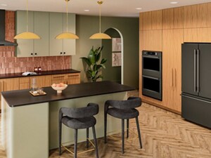 Black Ore KitchenAid® Appliance suite in natural wood-toned cabinetry