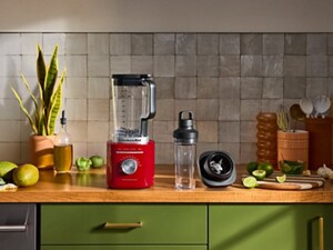 Red KitchenAid® Blender on countertop with ingredients
