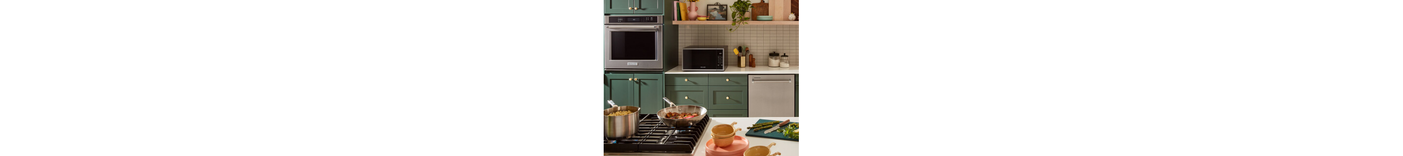 KitchenAid® wall oven, cooktop and microwave appliance suite in a modern kitchen