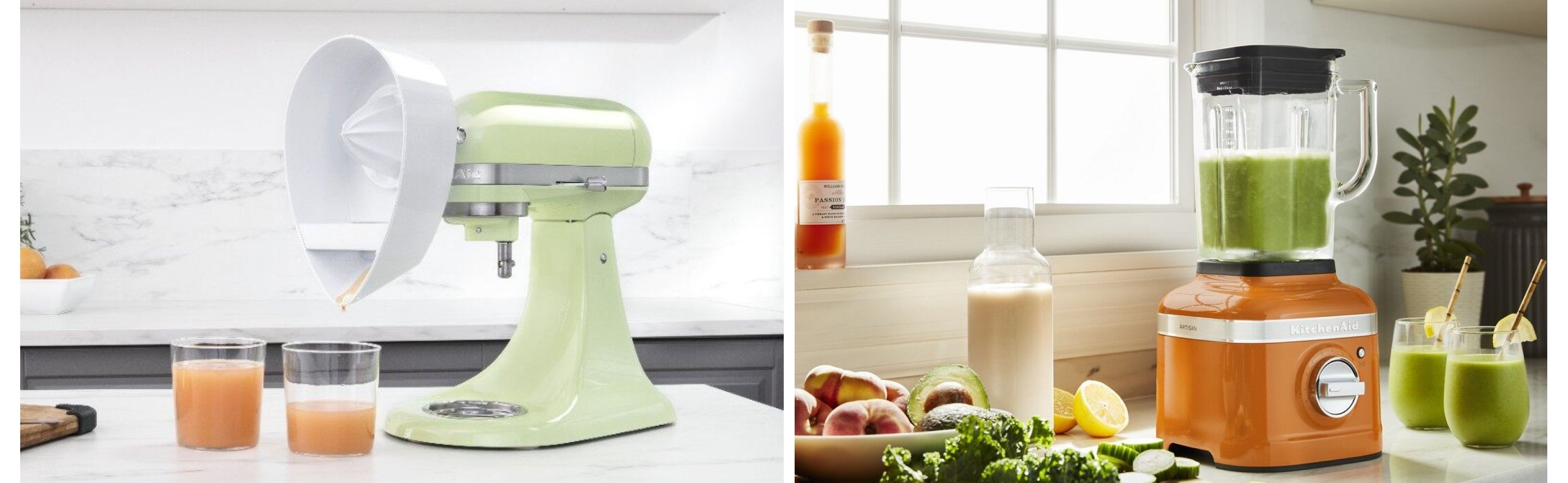 Comparison image of stand mixer with citrus juicer attachment and blender.