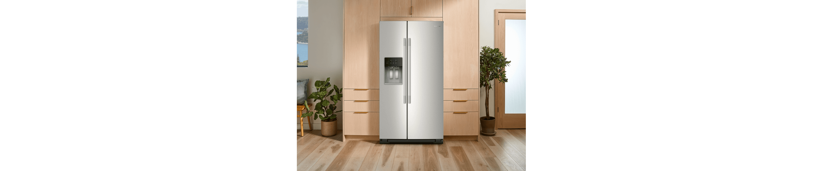 Stainless steel refrigerator surrounded by wooden cabinetry