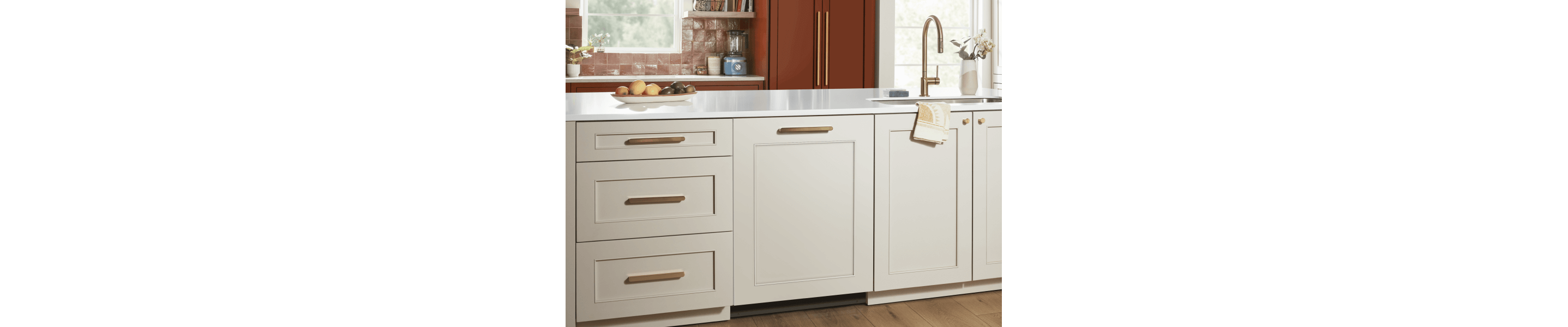 White countertop and cabinetry with gold details, including gold faucet in sink