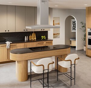 Stainless steel suite of KitchenAid® appliances in light wood cabinetry
