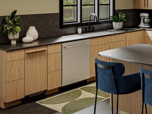 Panel-ready trash compactor matching surrounding cabinet finish