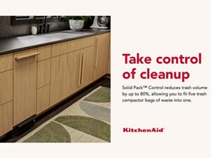 Infographic with KitchenAid® trash compactor in a modern kitchen. Infographic details the Solid Pack™ Control feature which reduces trash volume by up to 80%.