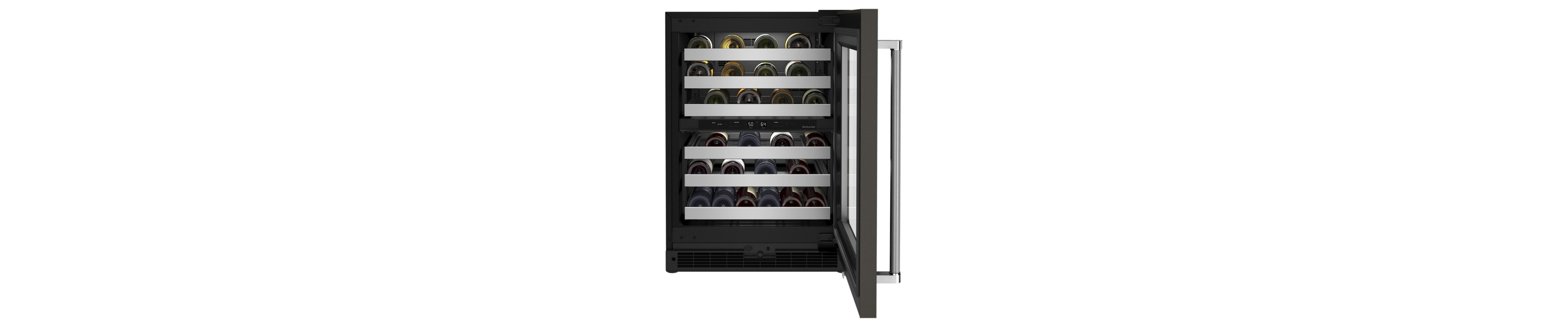 Open wine cellar style of refrigerator full of red and white wine