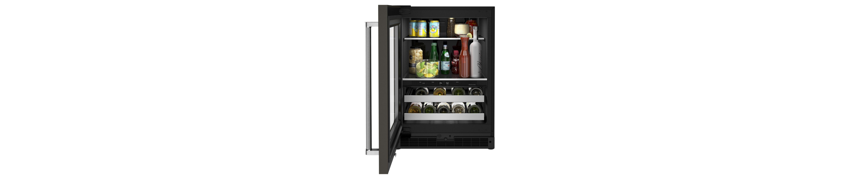 Open beverage center type of fridge with wine bottles and drinks