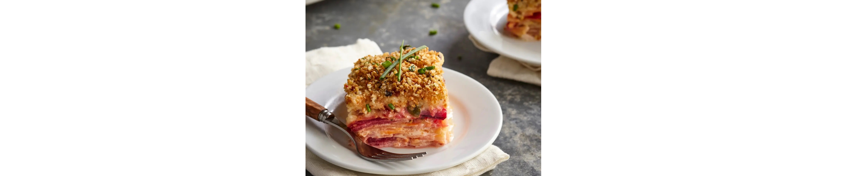 Root vegetable and pancetta gratin