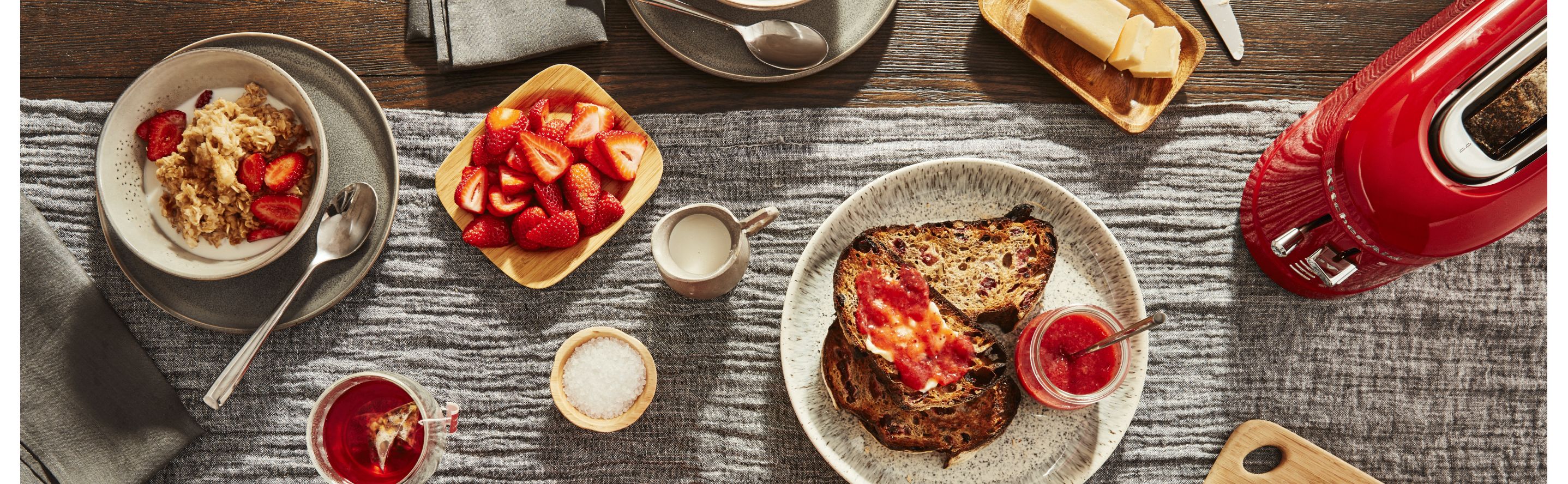 Various breakfast foods on a table
