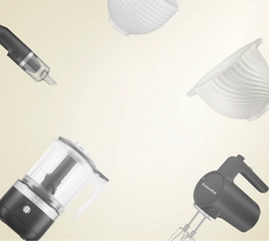 A collage of stand mixers, hand mixers and other countertop appliances.