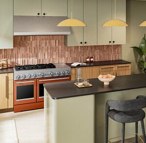 Modern, colorful kitchen with an island