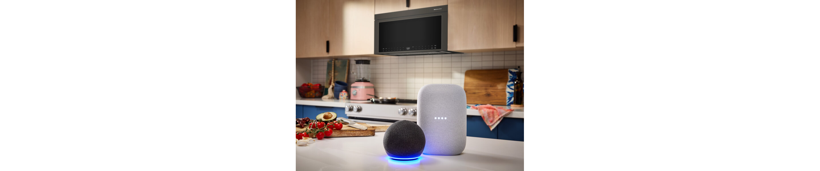 Google Assistant and Alexa-enabled device on a countertop