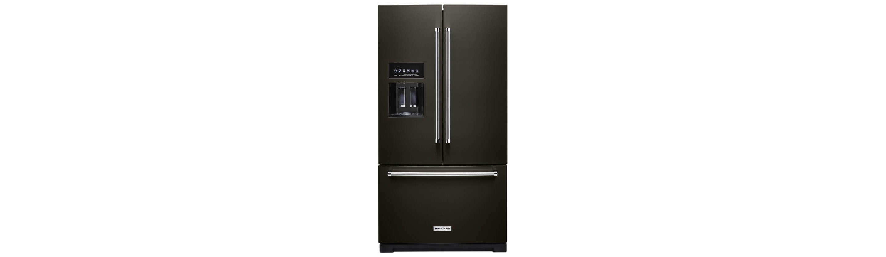 A 36" French Door Bottom Mount Refrigerator in Black Stainless. 