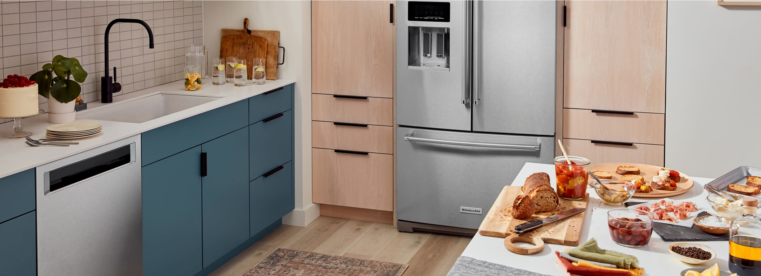 36" KitchenAid® French Door Bottom Mount Refrigerator installed in kitchen.