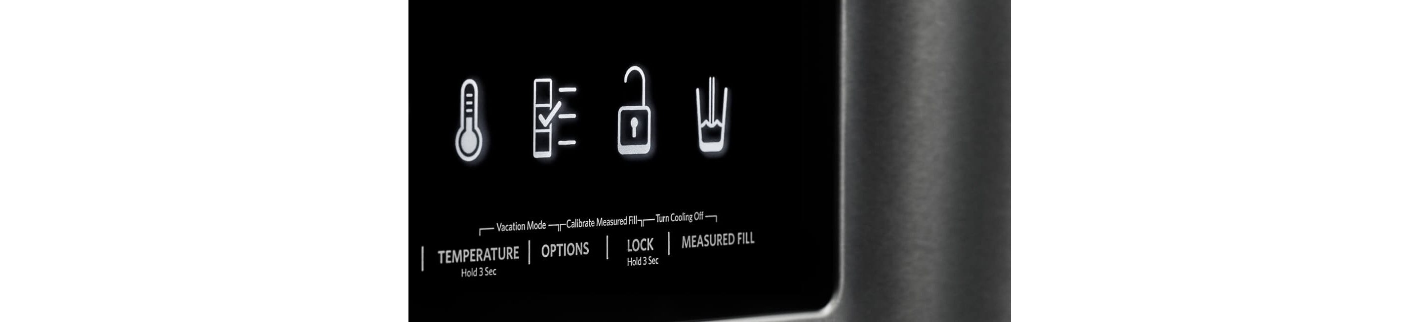Dispenser Lock is illuminated on the control panel of the KitchenAid® French Door Bottom Mount Refrigerator.