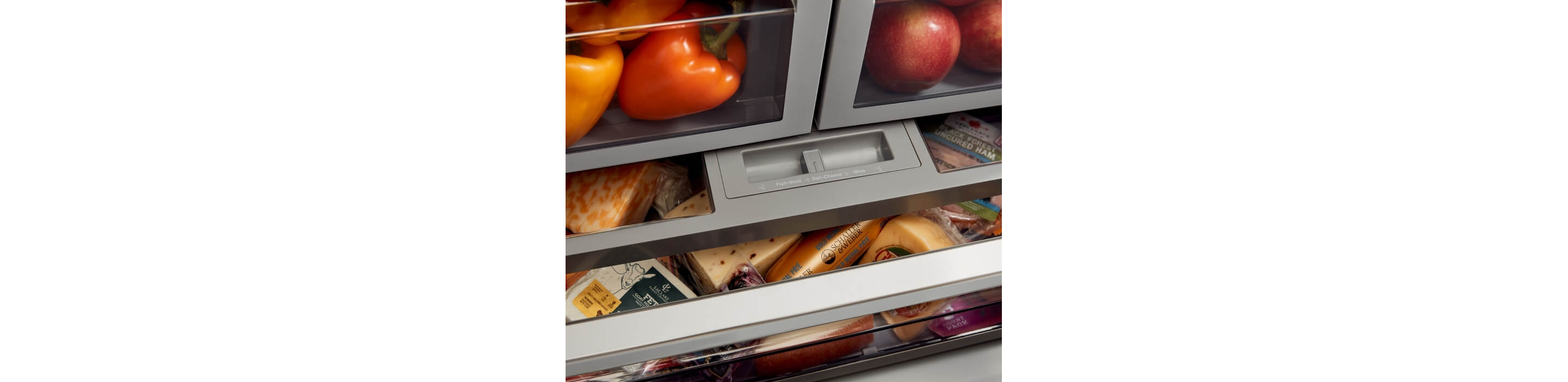 KitchenAid® French Door Bottom Mount Refrigerator FreshChill™ Temperature Controlled Drawer holding meats and cheeses.