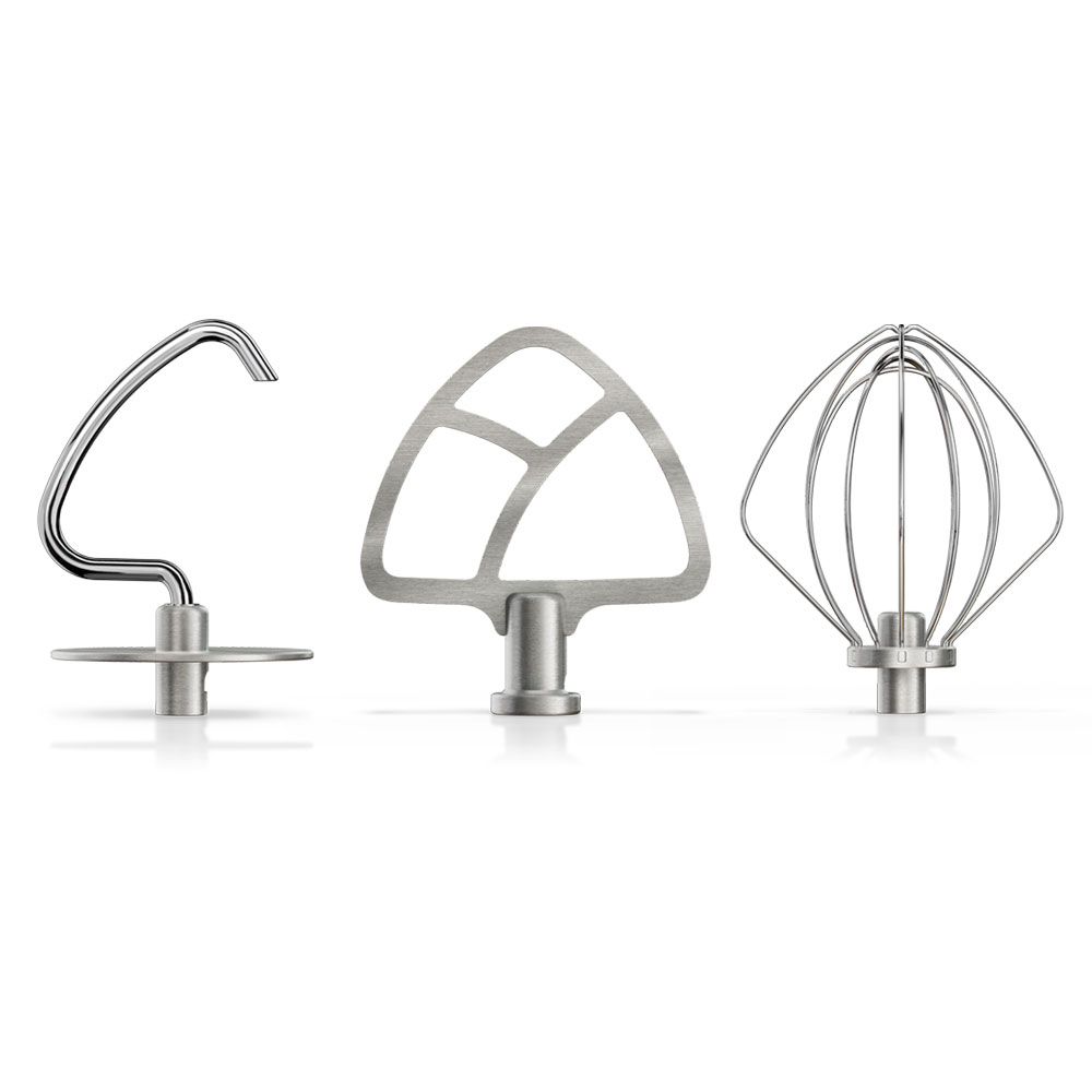 Durable stainless steel 3-piece accessory set with dough hook, flat beater, and wire whip for select KitchenAid® tilt-head stand mixers.