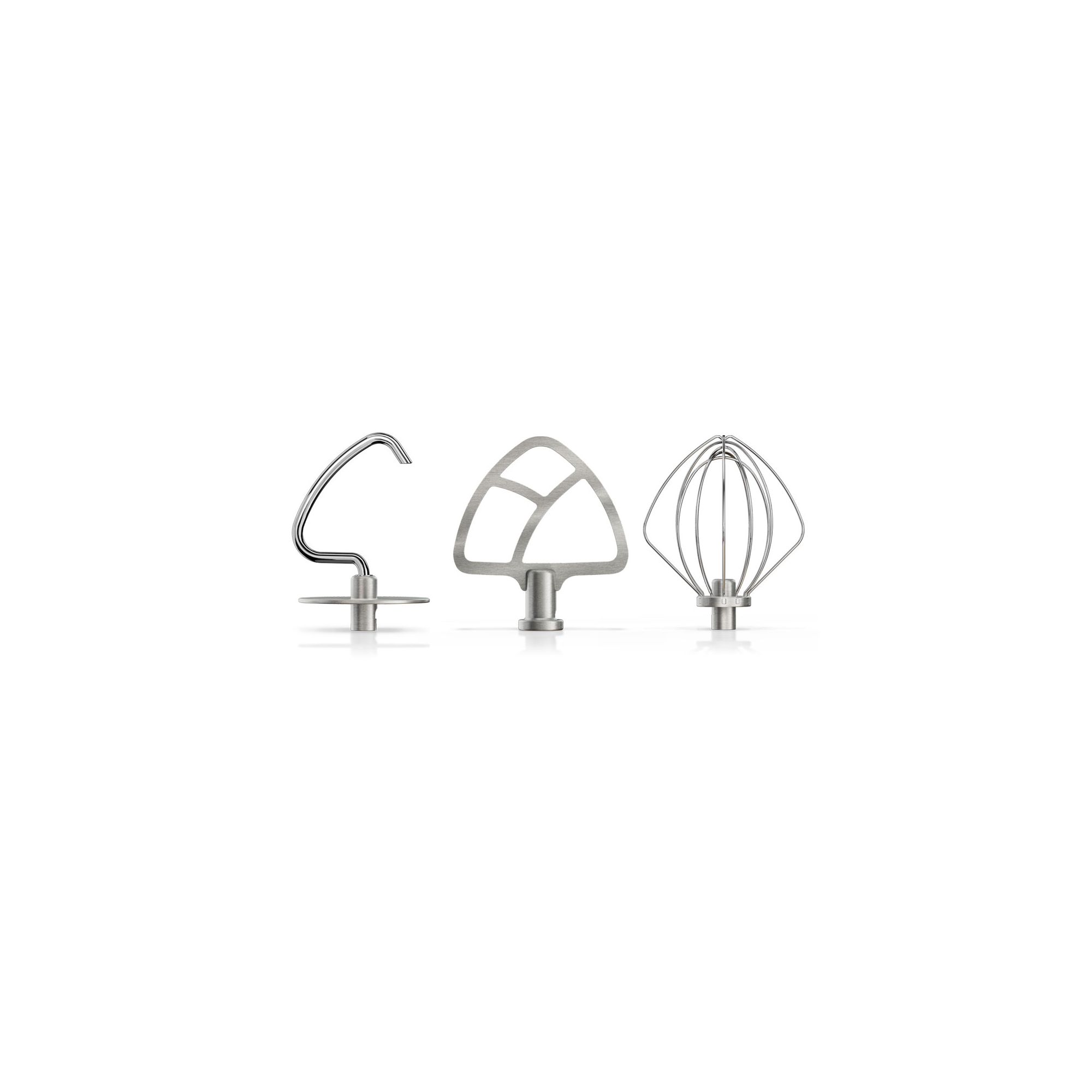 Durable stainless steel 3-piece accessory set with dough hook, flat beater, and wire whip for select KitchenAid® tilt-head stand mixers.