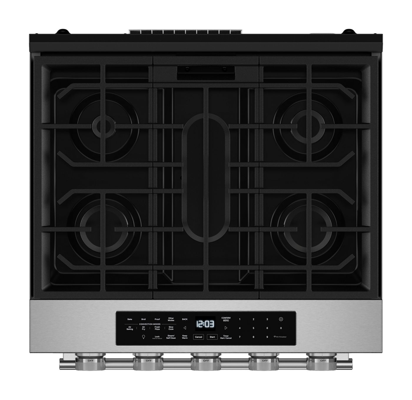 Estufa de gas Slide-In Smart de 30" y 5.0 pies cúbicos con modos de cocción por convección – Acero PrintShield