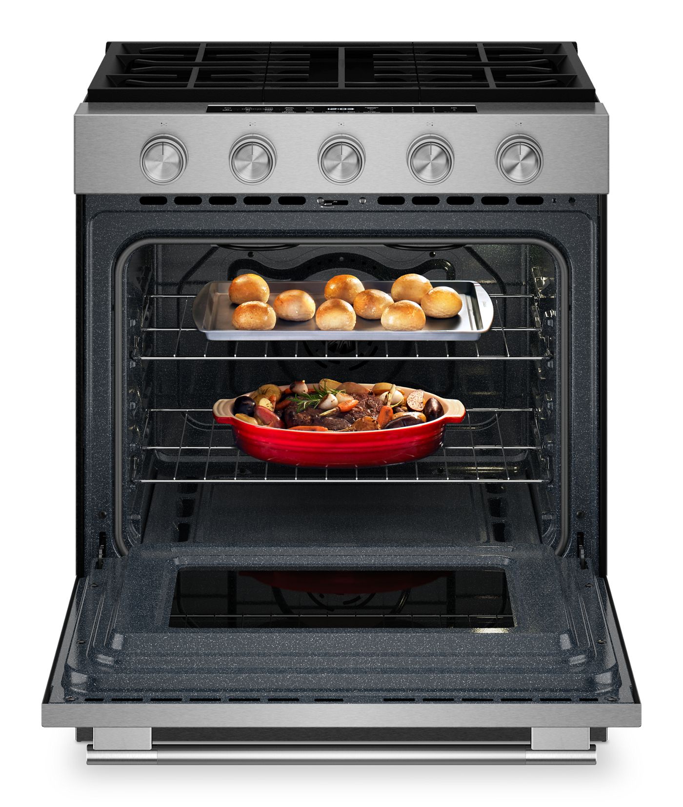Estufa de gas Slide-In Smart de 30" y 5.0 pies cúbicos con modos de cocción por convección – Acero PrintShield
