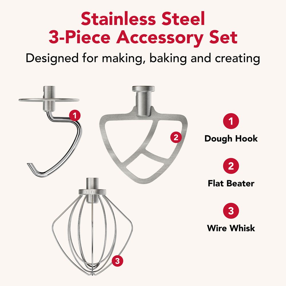 Durable stainless steel 3-piece accessory set with dough hook, flat beater, and wire whip for select KitchenAid® tilt-head stand mixers.