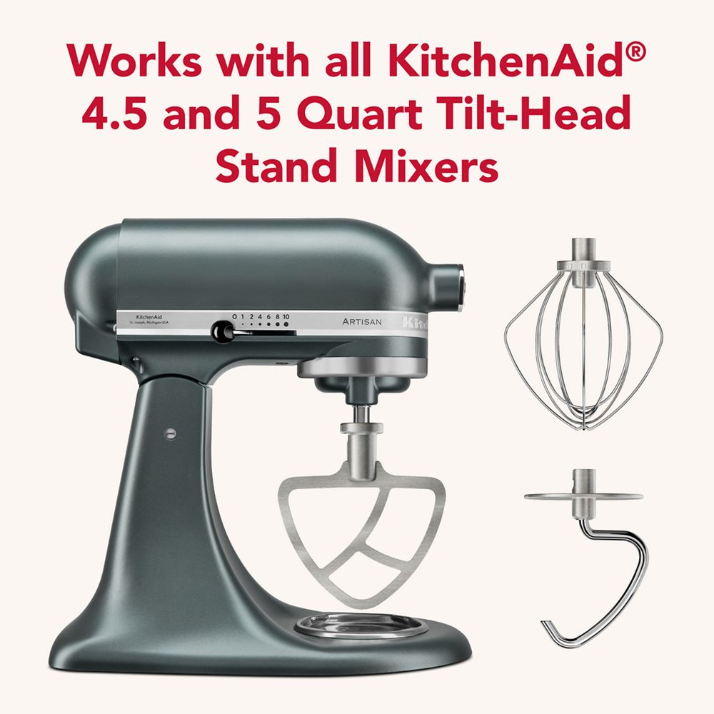 Durable stainless steel 3-piece accessory set with dough hook, flat beater, and wire whip for select KitchenAid® tilt-head stand mixers.