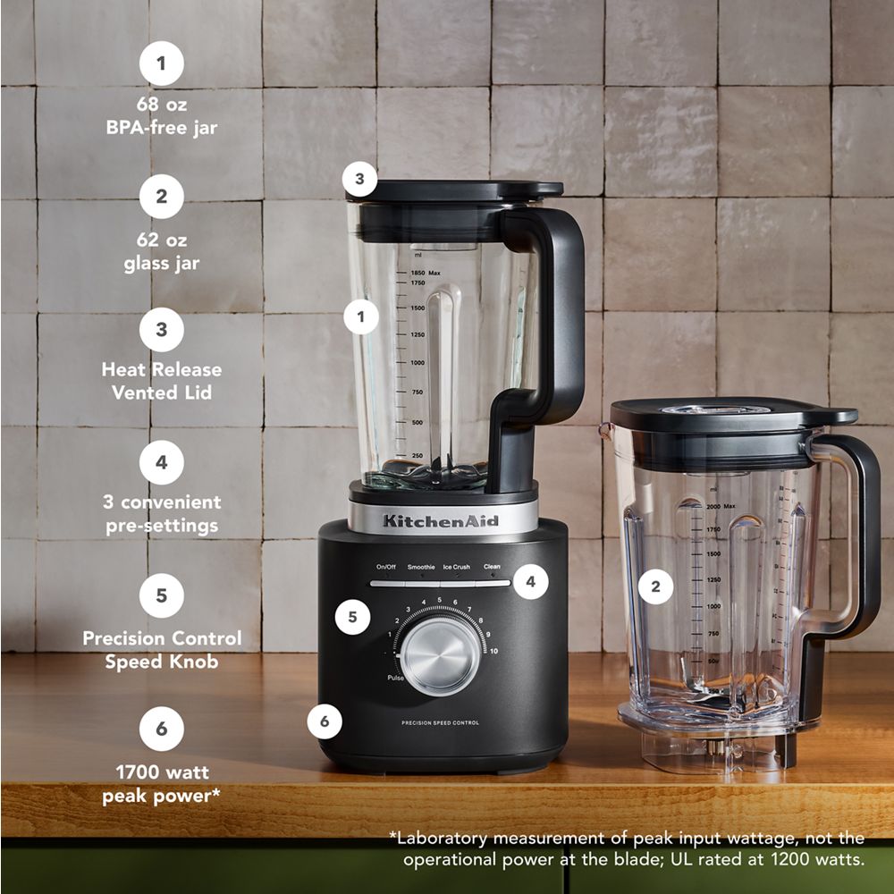 KitchenAid® Pure Power Blender with a 68oz plastic jar and a 62oz glass jar