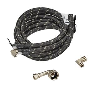 Dishwasher Inlet Supply Hose Kit of 12' rubber hose with two 3/8" ends, and 3/8" & 3/4" connectors