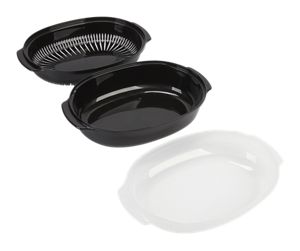 Universal Microwave Oven Steamer - Black for Standard Size Ovens, Includes See-through Lid, Steamer Basket Insert, and Bottom Piece (5-IN H X 12-IN W X 8 5/8-IN D)